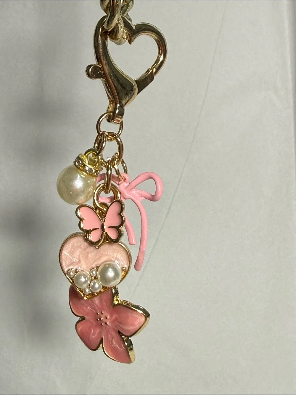 Pink Heart & Flower Charm Keychain with Pearls